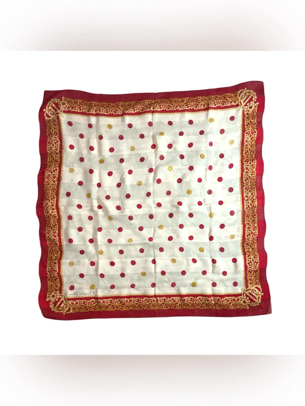 Dior Vintage Silk Chiffon Scarf Red Gold Polka Dot Crown Filigree Jacquard 32